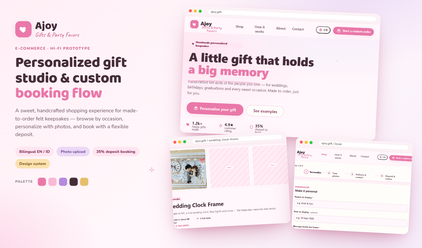 Ajoy Gifts — personalized keepsake studio overview: storefront, product page and custom booking flow