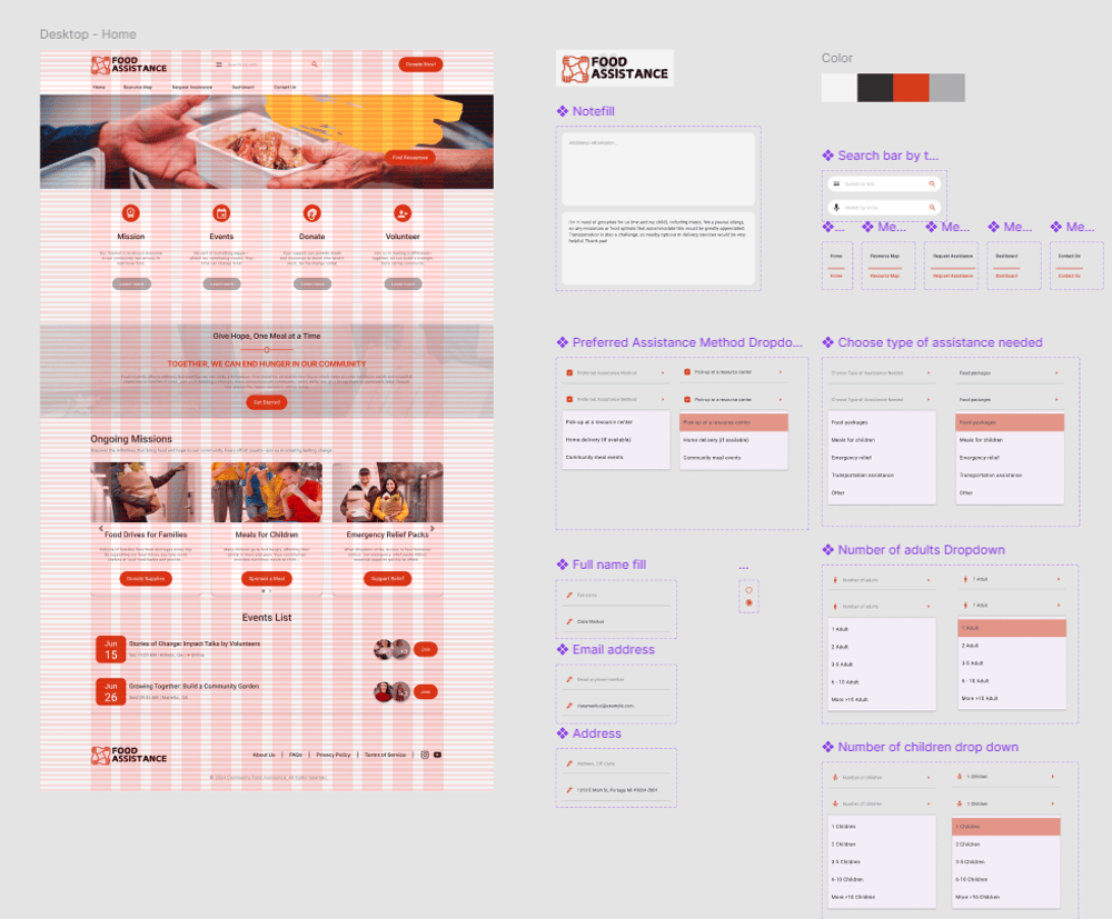 Community Food Assistance — design-for-social-good responsive platform for food scarcity, shown with its homepage and design system in a coral palette