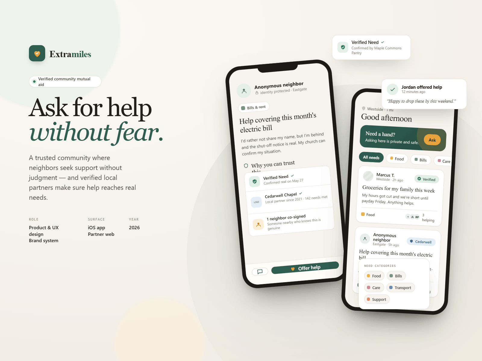 Extramiles — verified community mutual-aid: iOS app showing the needs feed and a request with visible trust, beside the 'Ask for help without fear' brand