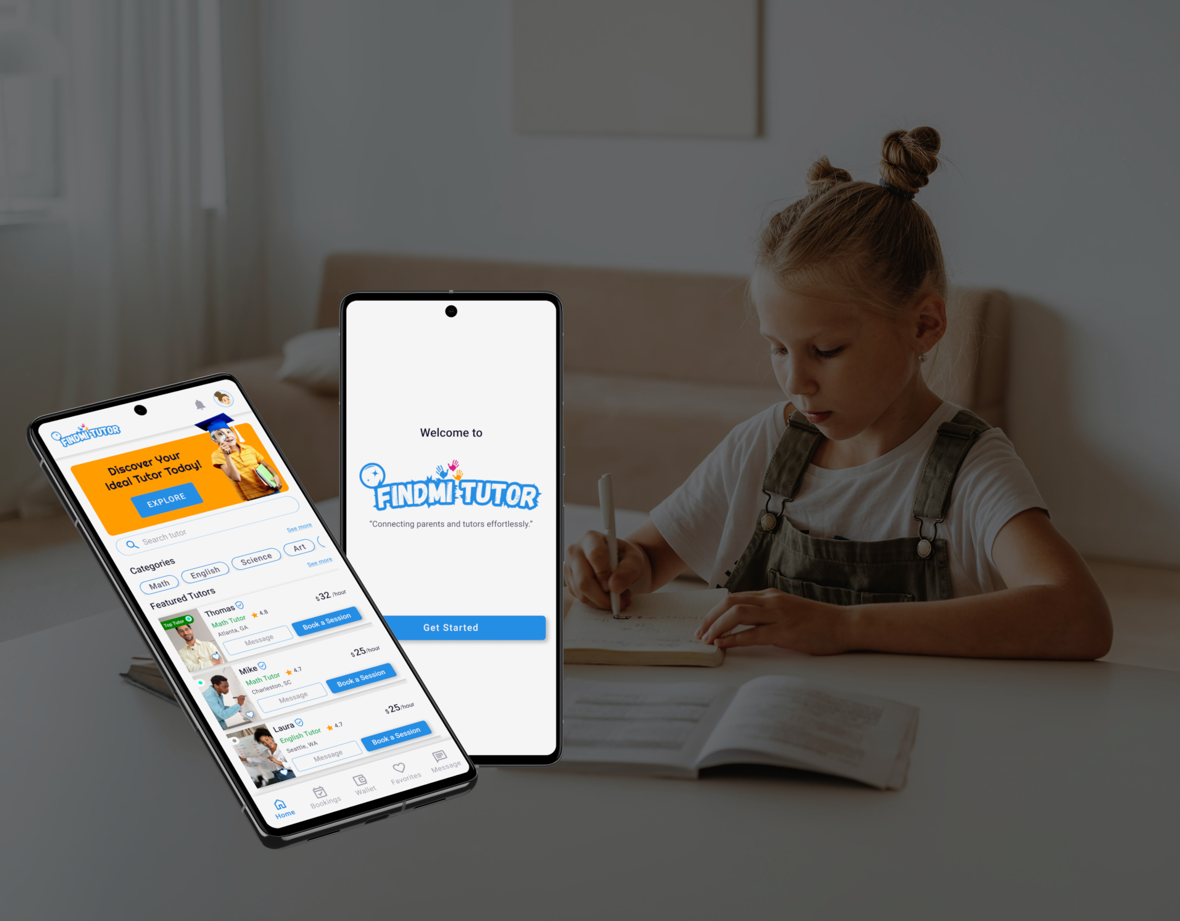 FindMi Tutor — two phones showing the welcome and tutor-search screens beside a child studying at home